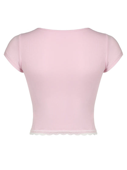 Lace Detail Sweetheart Neck Short Sleeve T-Shirt