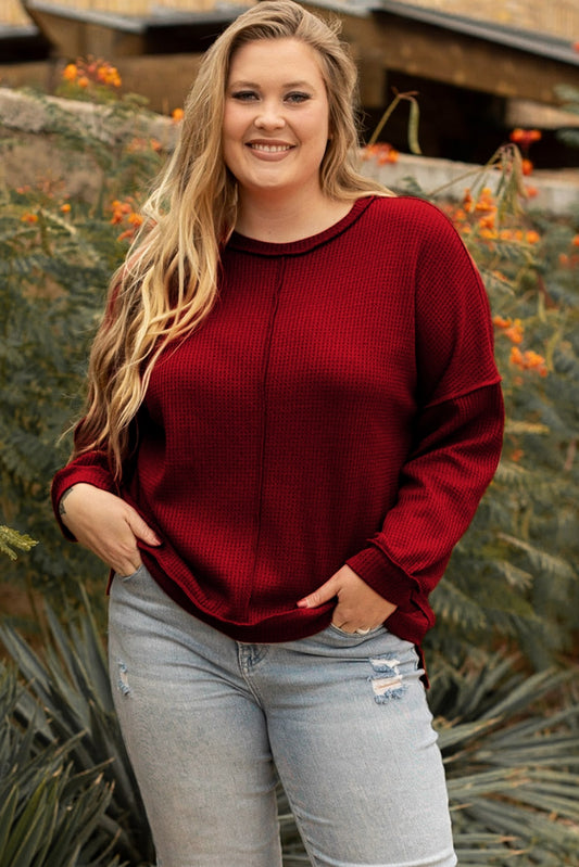 Plus Size-Sweatshirt mit sichtbaren Nähten und Waffelstrick in High-Low-Passform