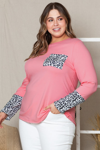 Plus Size T-Shirt mit Rundhalsausschnitt und langen Ärmeln und Leopardenmuster