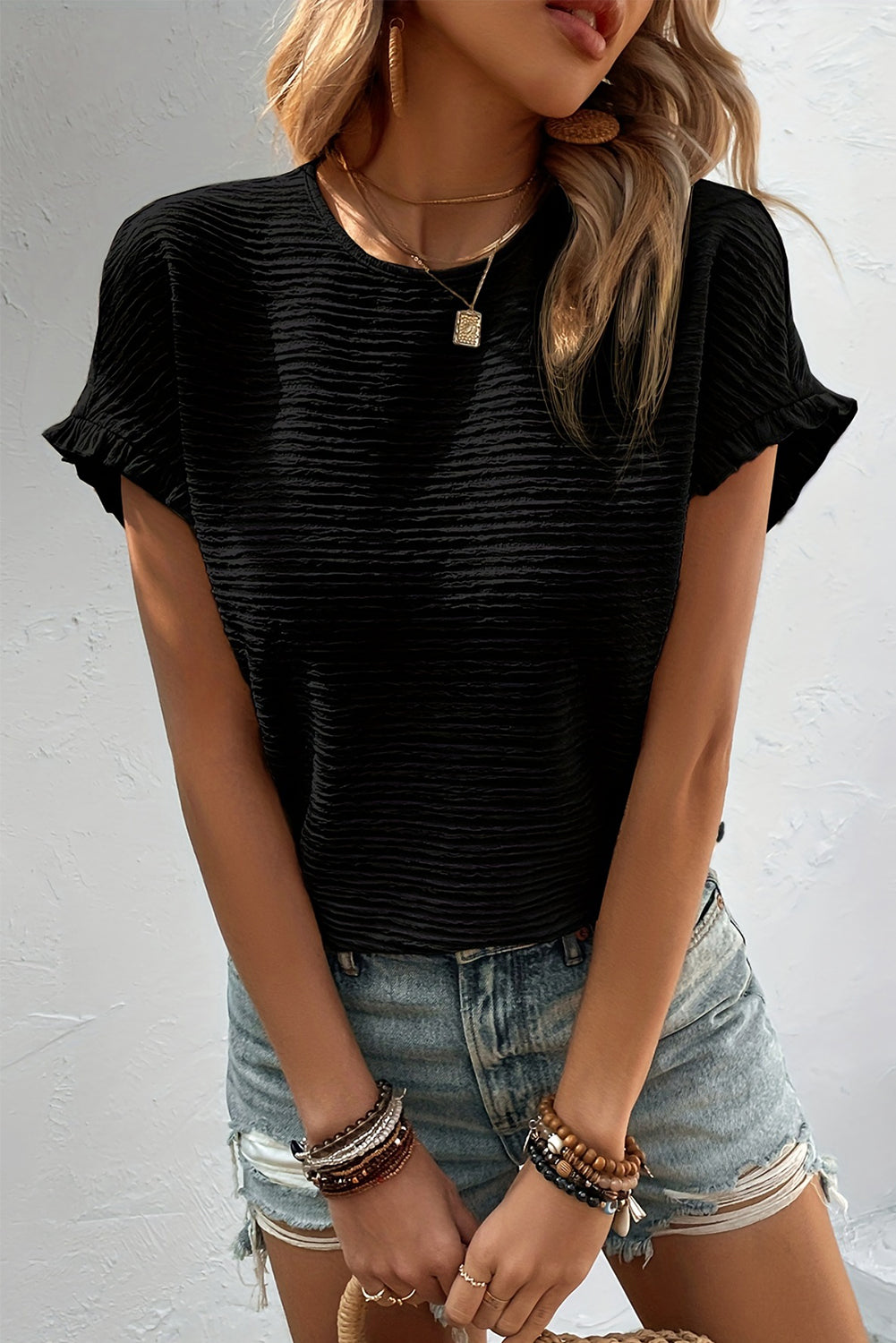 Bluse mit Rundhalsausschnitt und Flügelärmeln und Rüschen