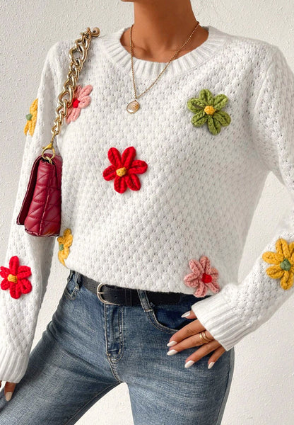 Häkelblumen-Pullover mit Rundhalsausschnitt und langen Ärmeln