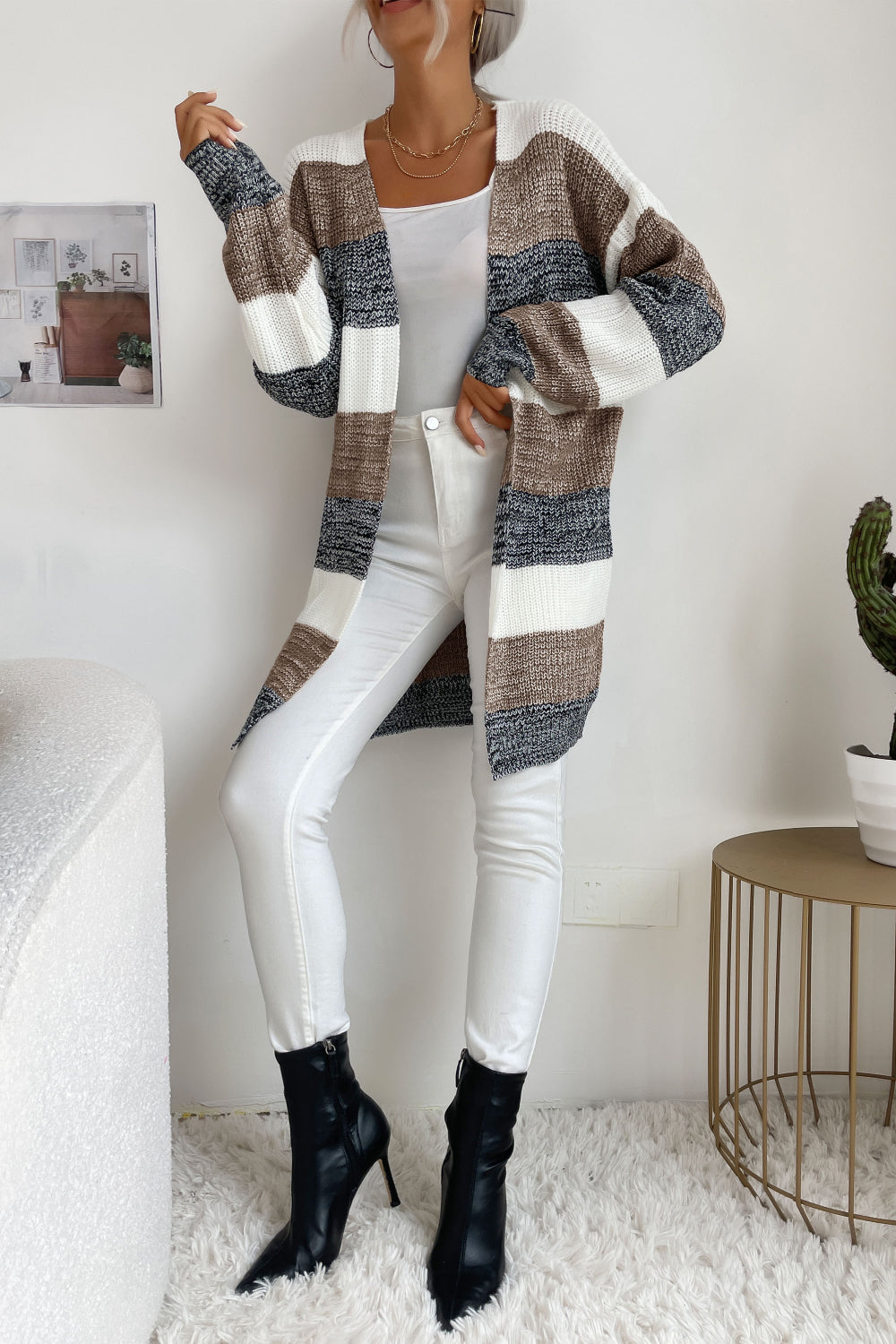 Perfee – Gestreifte, langärmlige Duster-Strickjacke