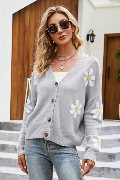 Cardigan mit geripptem Blumenbesatz und überschnittener Schulter