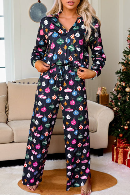 Set aus Oberteil und Hose mit Weihnachtslichter-Print und Kragen
