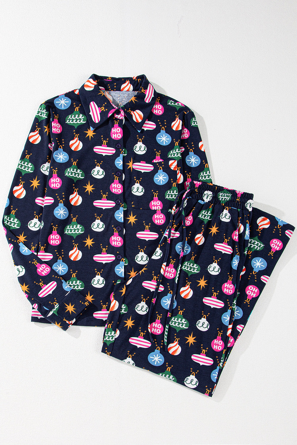 Set aus Oberteil und Hose mit Weihnachtslichter-Print und Kragen