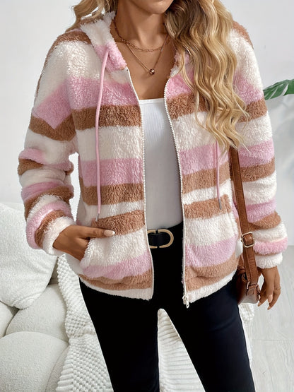 Gestreifte Kapuzenjacke mit Kordelzug und Reißverschluss