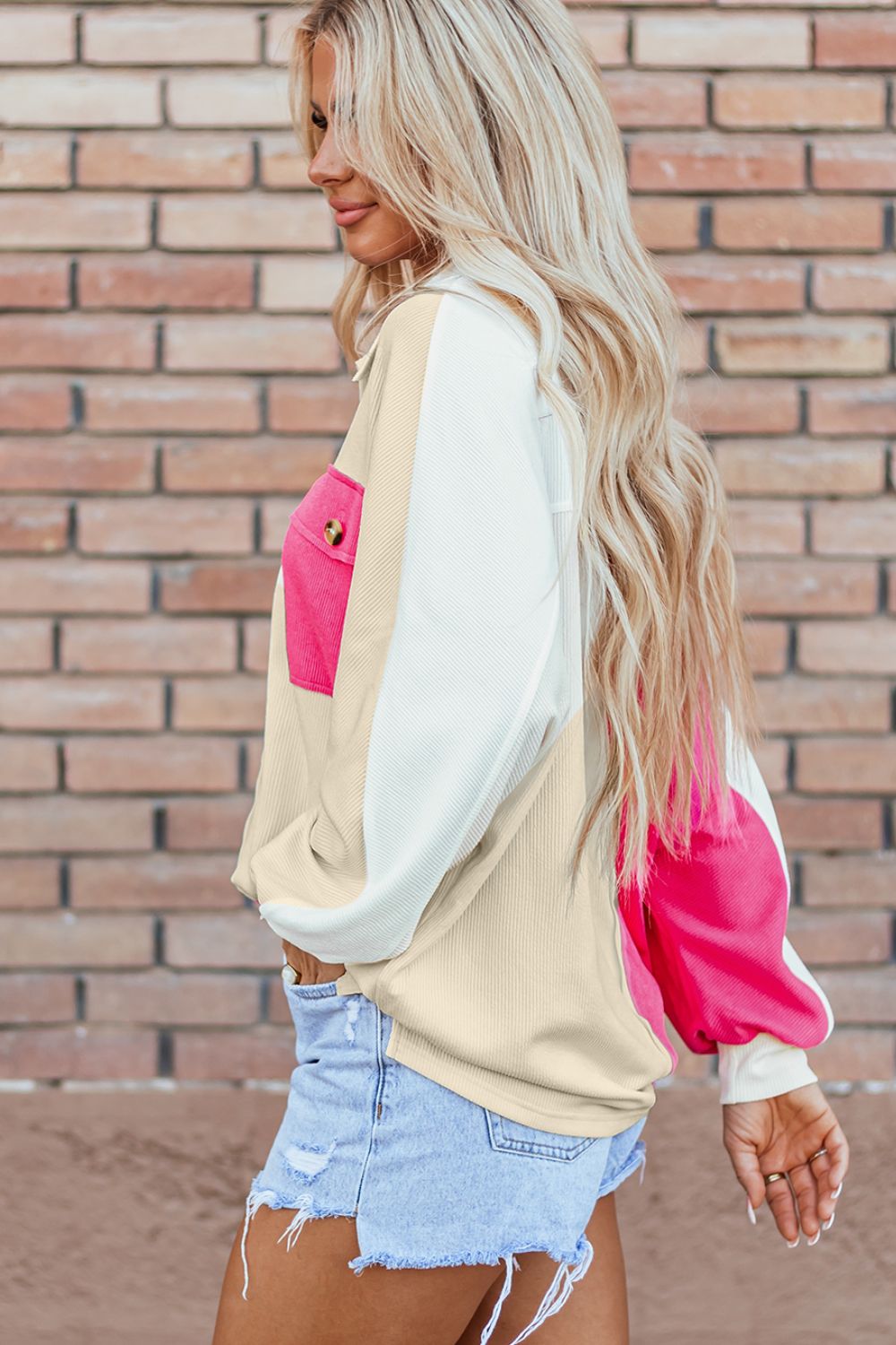 Langarm-Sweatshirt mit Farbblock-Muster und Kragen