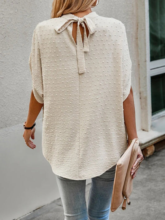 Bluse mit Stehkragen und halblangen Ärmeln und Swiss Dot-Muster