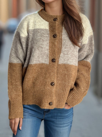 Strickjacke mit Rundhalsausschnitt und Knopfleiste in Farbblock-Optik