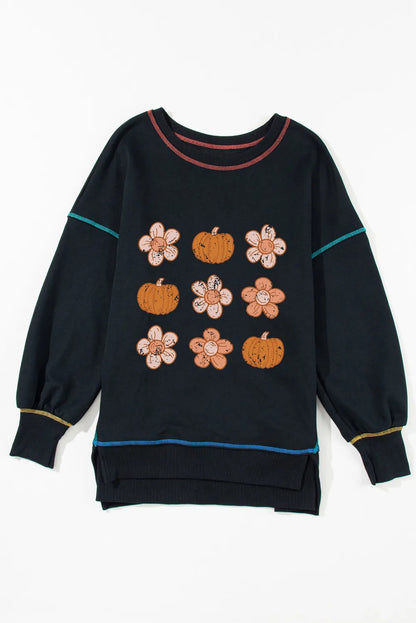 Langarm-Sweatshirt mit Kürbis- und Blumengrafik