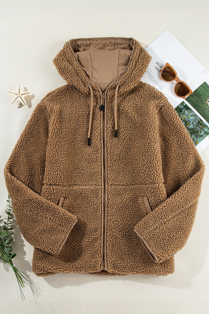 Fleecejacke mit Reißverschluss und Kapuze und Kordelzug