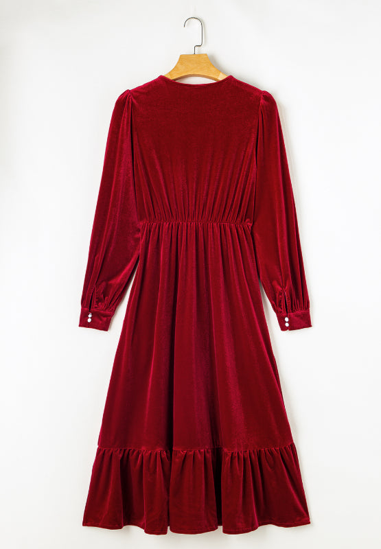 Kleid mit Rüschensaum, Schlitz, V-Ausschnitt und langen Ärmeln