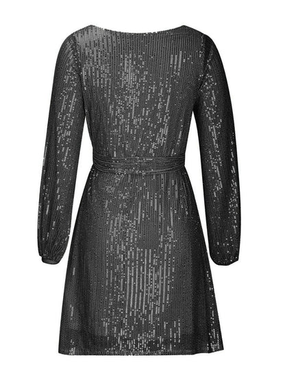 Langärmliges Minikleid mit Pailletten und Bindegürtel