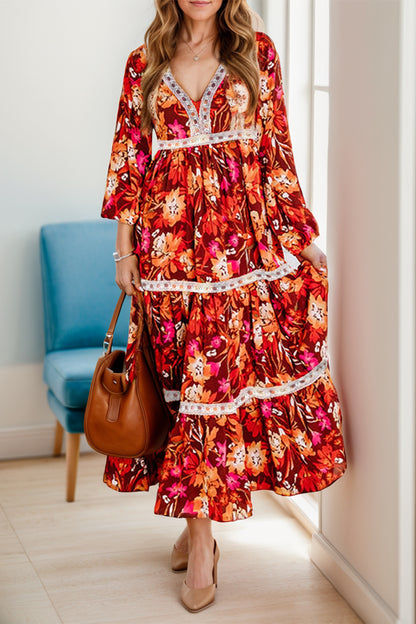 Bedrucktes Langarm-Midikleid mit V-Ausschnitt