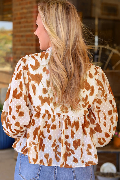 Bluse mit V-Ausschnitt und Laternenärmeln und Rüschendruck