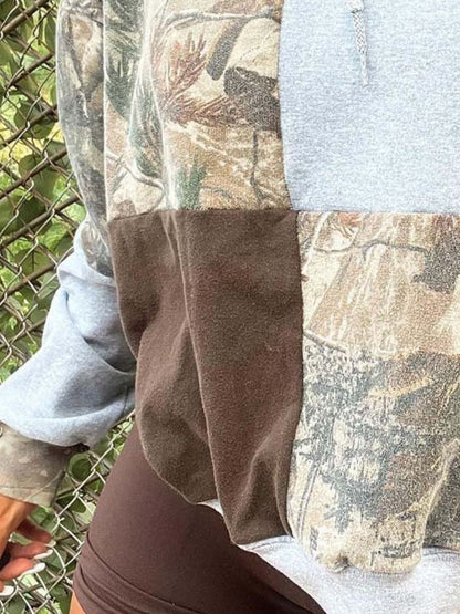 Full Size Patchwork Langarm-Hoodie mit Kordelzug