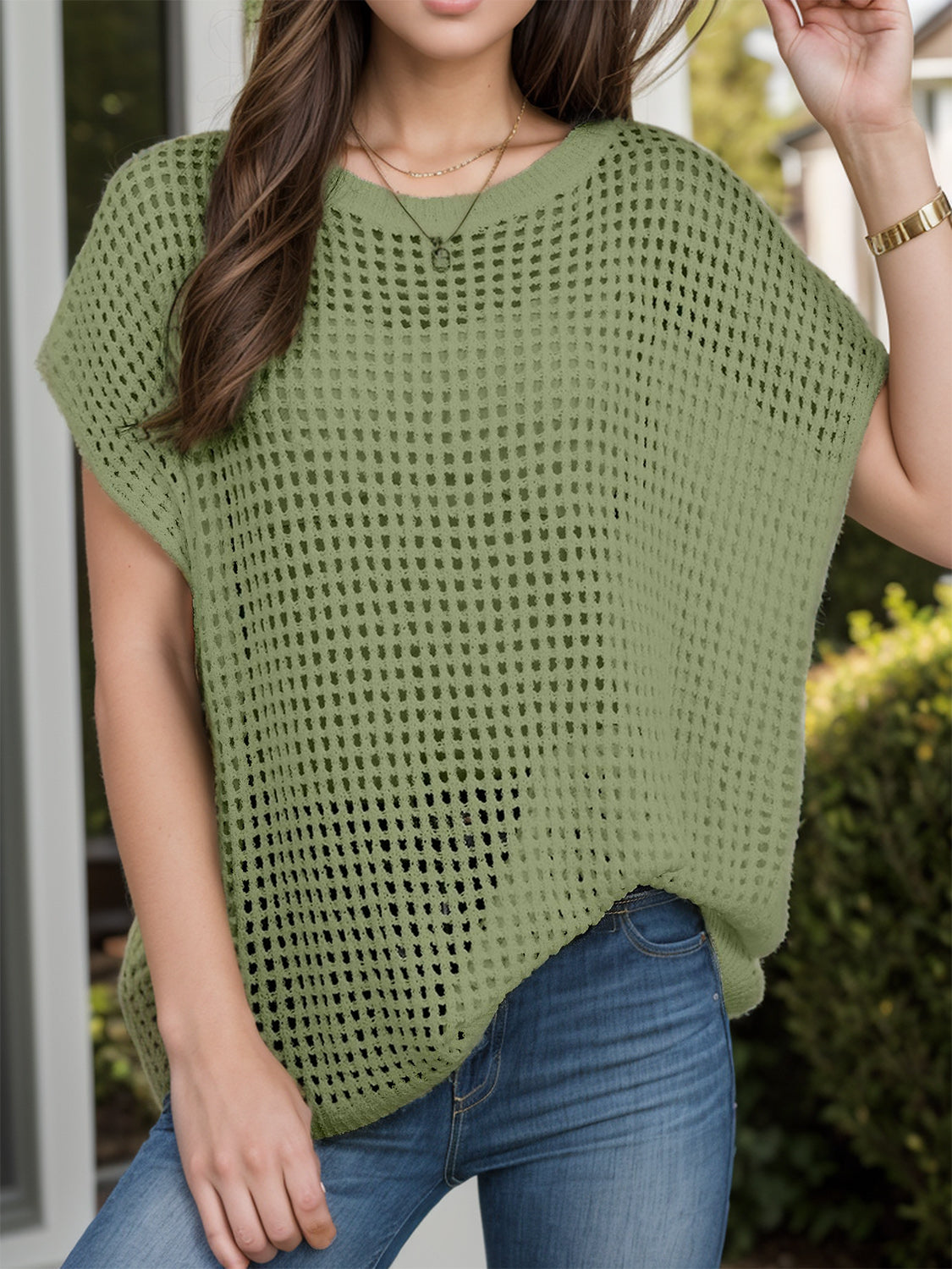 Durchbrochenes, kurzärmliges Cover-Up mit Rundhalsausschnitt