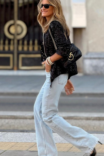 Langärmlige Jacke mit Pailletten und Reißverschluss