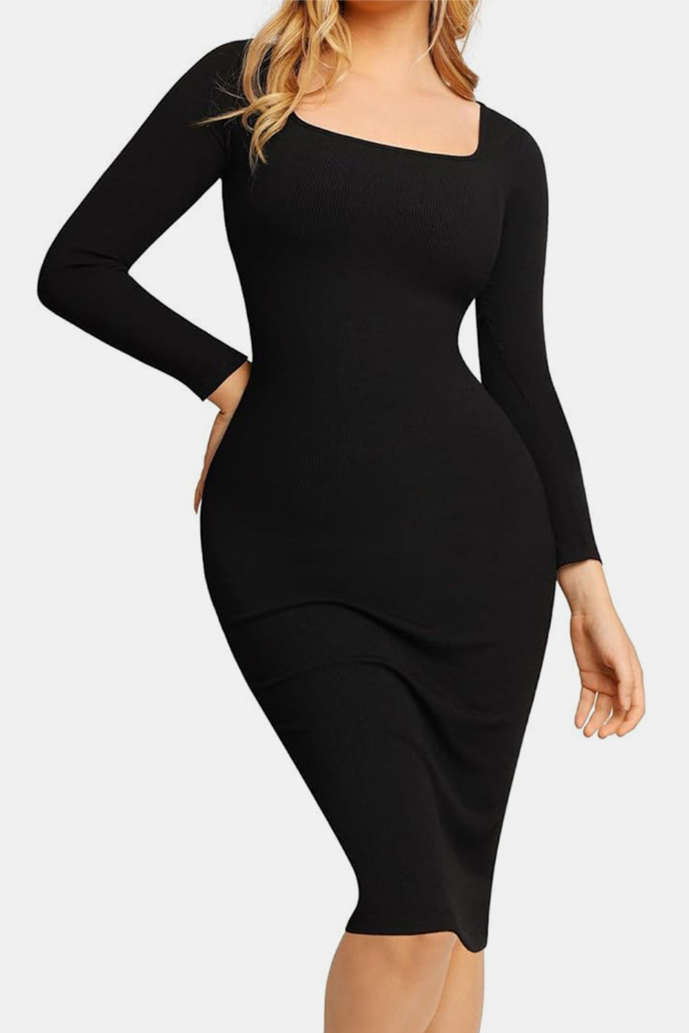 Basic Bae – Kleid in voller Größe mit integrierter Shapewear und quadratischem Ausschnitt und langen Ärmeln