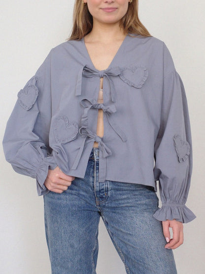 Bluse mit Volantärmeln und Bindeband