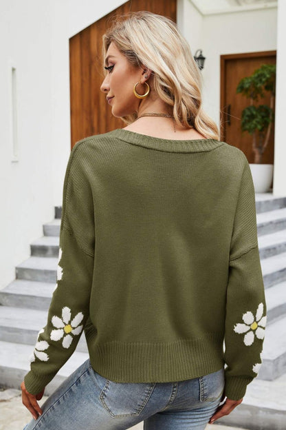 Cardigan mit geripptem Blumenbesatz und überschnittener Schulter