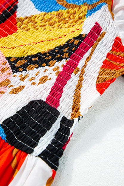 Bedrucktes, kurzärmliges Midikleid mit eckigem Ausschnitt