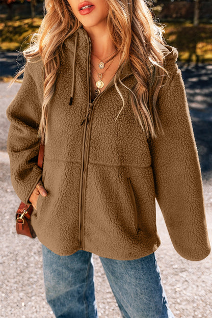 Fleecejacke mit Reißverschluss und Kapuze und Kordelzug