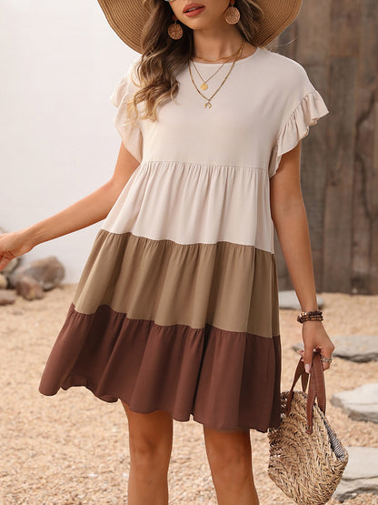 Midikleid mit Flügelärmeln und Rüschen in Farbblock-Optik