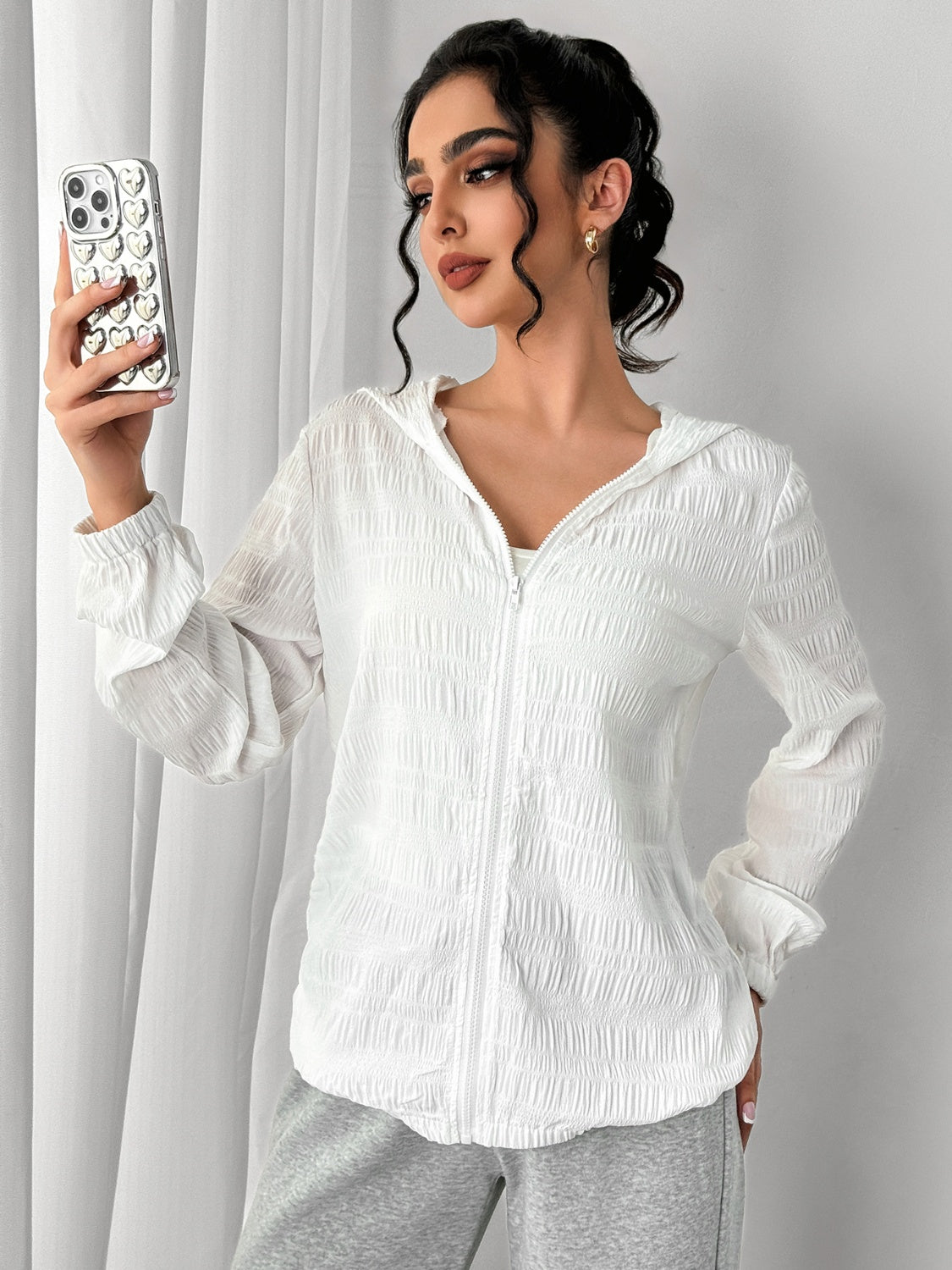 Strukturierte Kapuzenjacke mit Reißverschluss