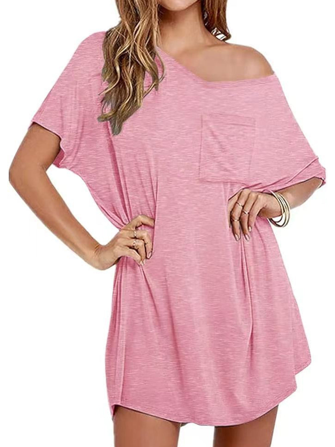 T-Shirt-Kleid mit V-Ausschnitt und kurzen Ärmeln und Taschen