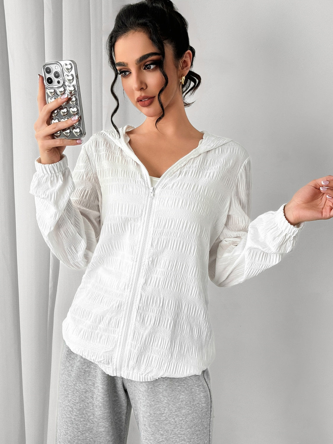 Strukturierte Kapuzenjacke mit Reißverschluss