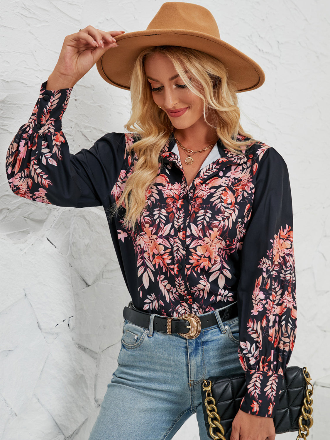 Printed Collared Neck Lantern Sleeve Shirt