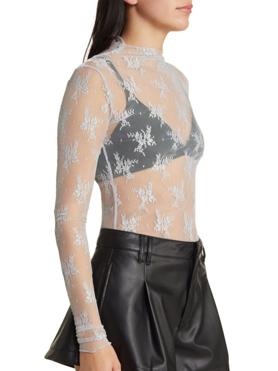 Langarmbluse mit Stehkragen und Spitze