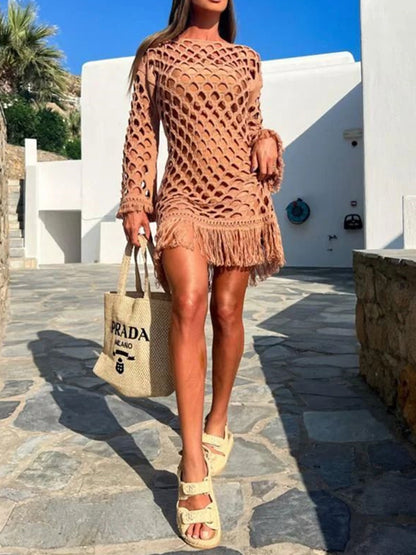 Langärmliges Cover-Up mit Fransen und Cut-Outs