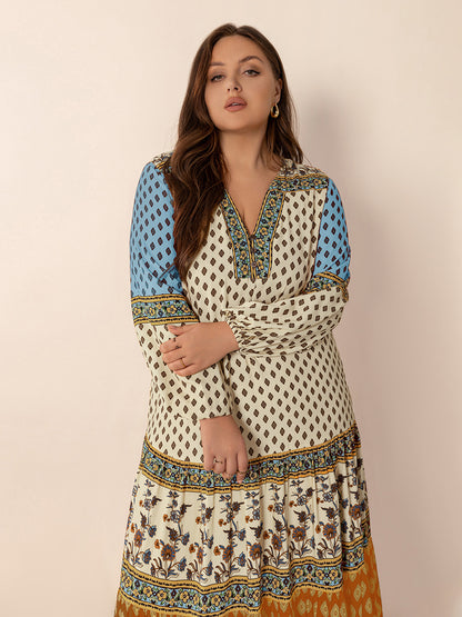 Bedrucktes Maxikleid mit V-Ausschnitt und Ballonärmeln in Übergröße