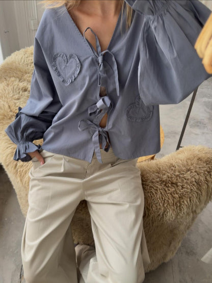 Bluse mit Volantärmeln und Bindeband