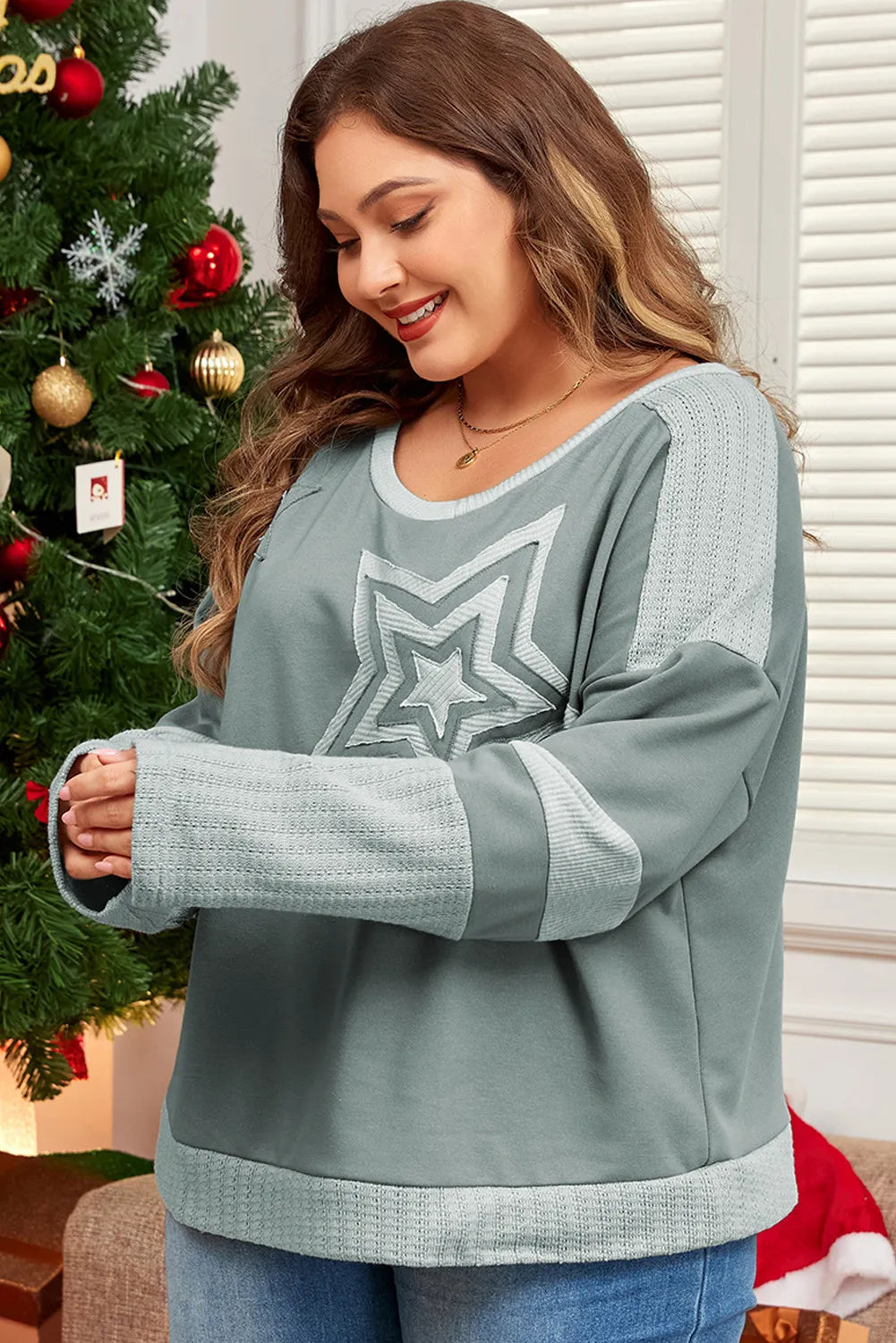 Plus Size Star Langarm-Top mit Rundhalsausschnitt