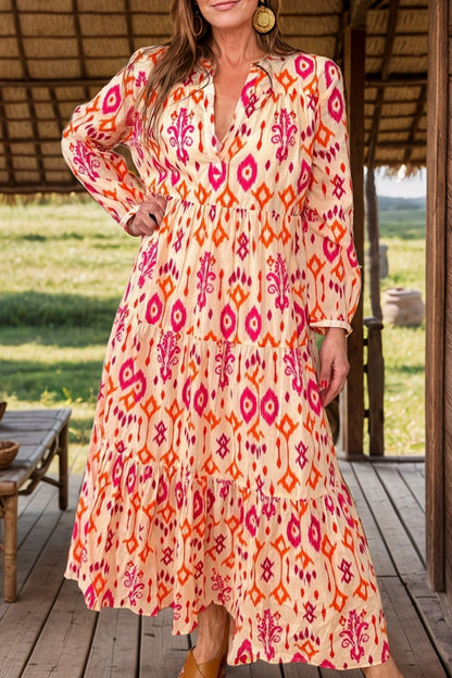 Gestuftes, bedrucktes, gekerbtes, langärmliges Midikleid