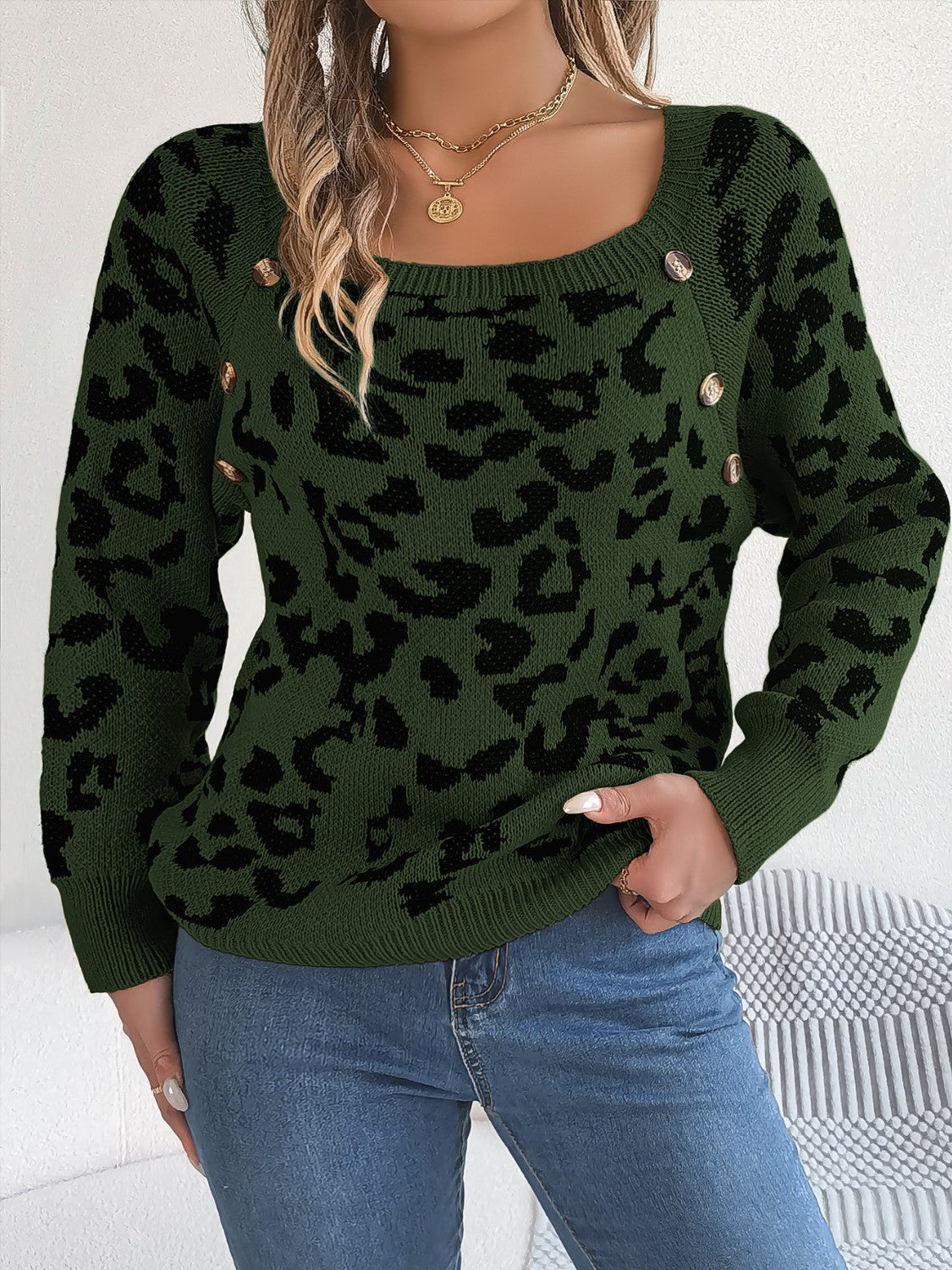 Pullover mit Leopardenmuster und quadratischem Ausschnitt