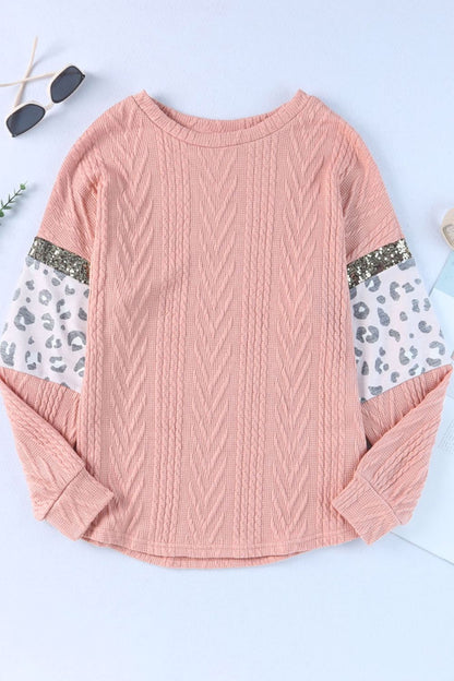 Langarmpullover mit Pailletten und Leopardenmuster und Rundhalsausschnitt