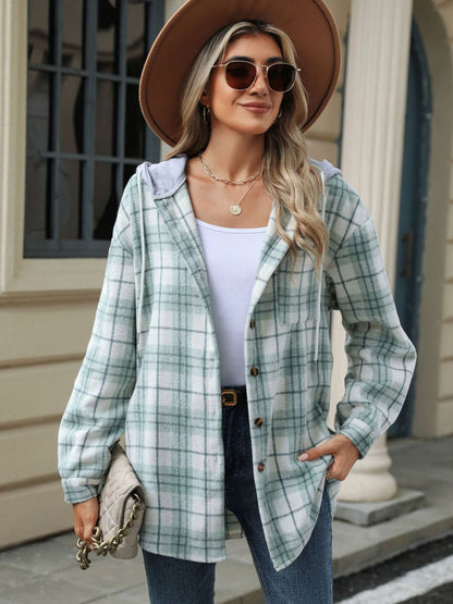 Karierte Kapuzenjacke mit Kordelzug und Knopfleiste