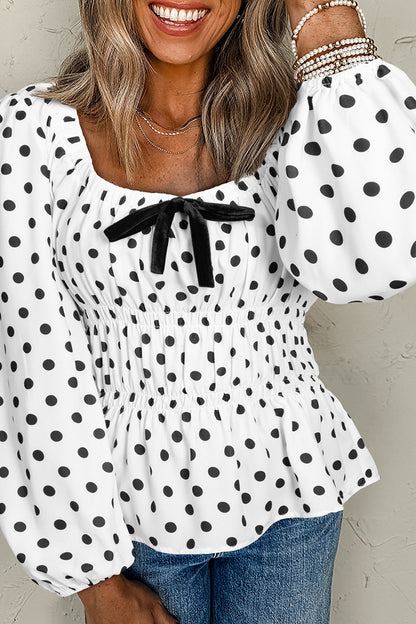 Langärmlige Bluse mit Schleife und Polka Dots und quadratischem Ausschnitt