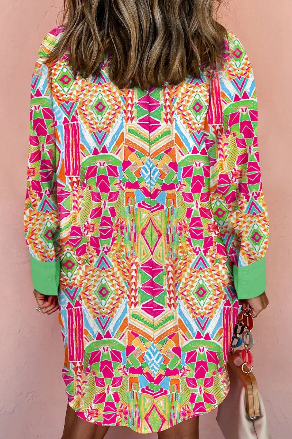 Bedrucktes, langärmliges Hemdblusenkleid mit Knopfleiste