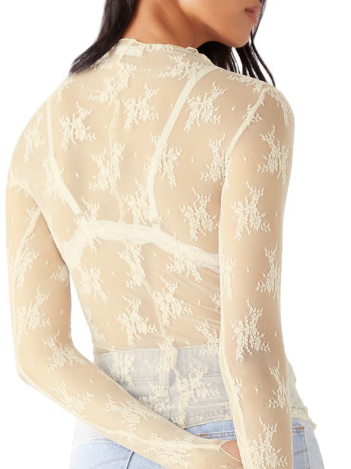 Langarmbluse mit Stehkragen und Spitze