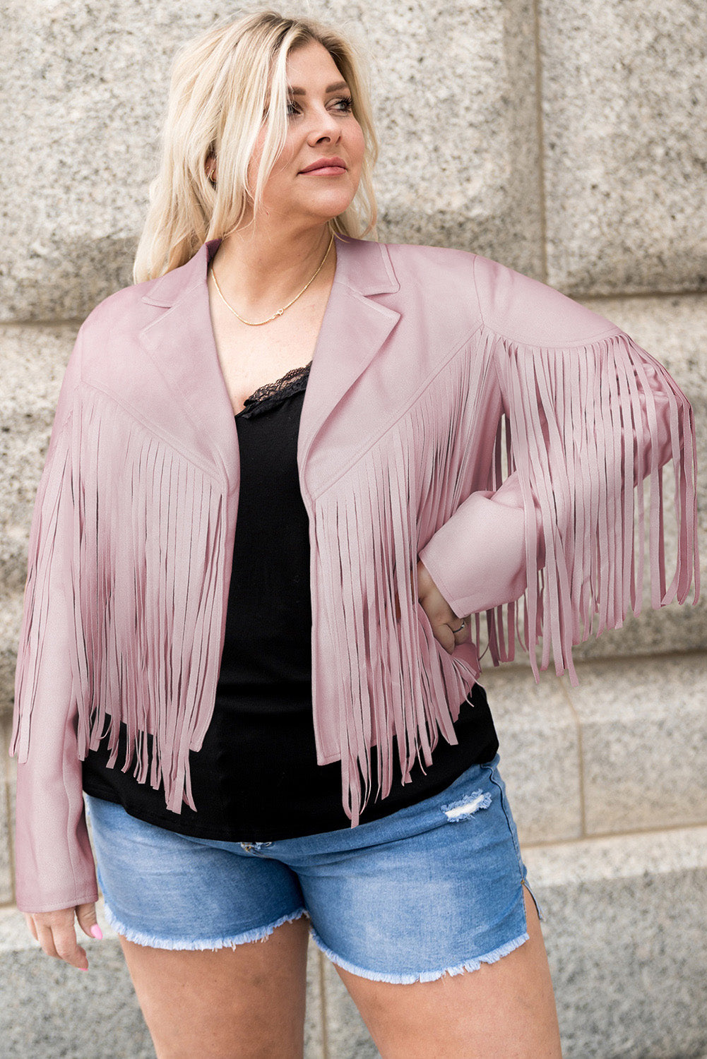 Chaqueta con frente abierto y flecos de talla grande