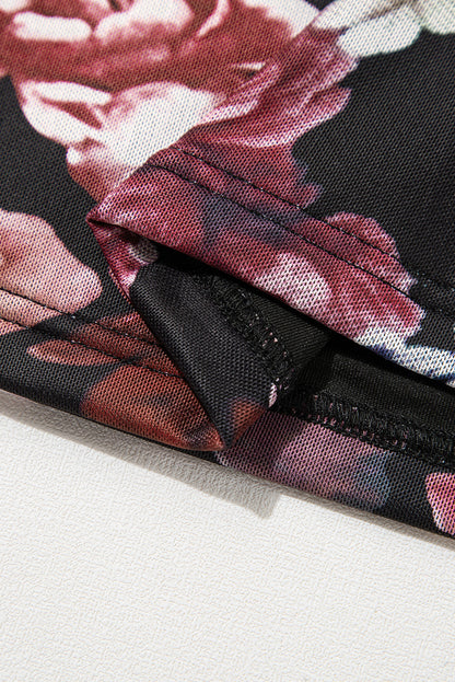 Langärmliges Netzoberteil mit Stehkragen und Blumenmuster