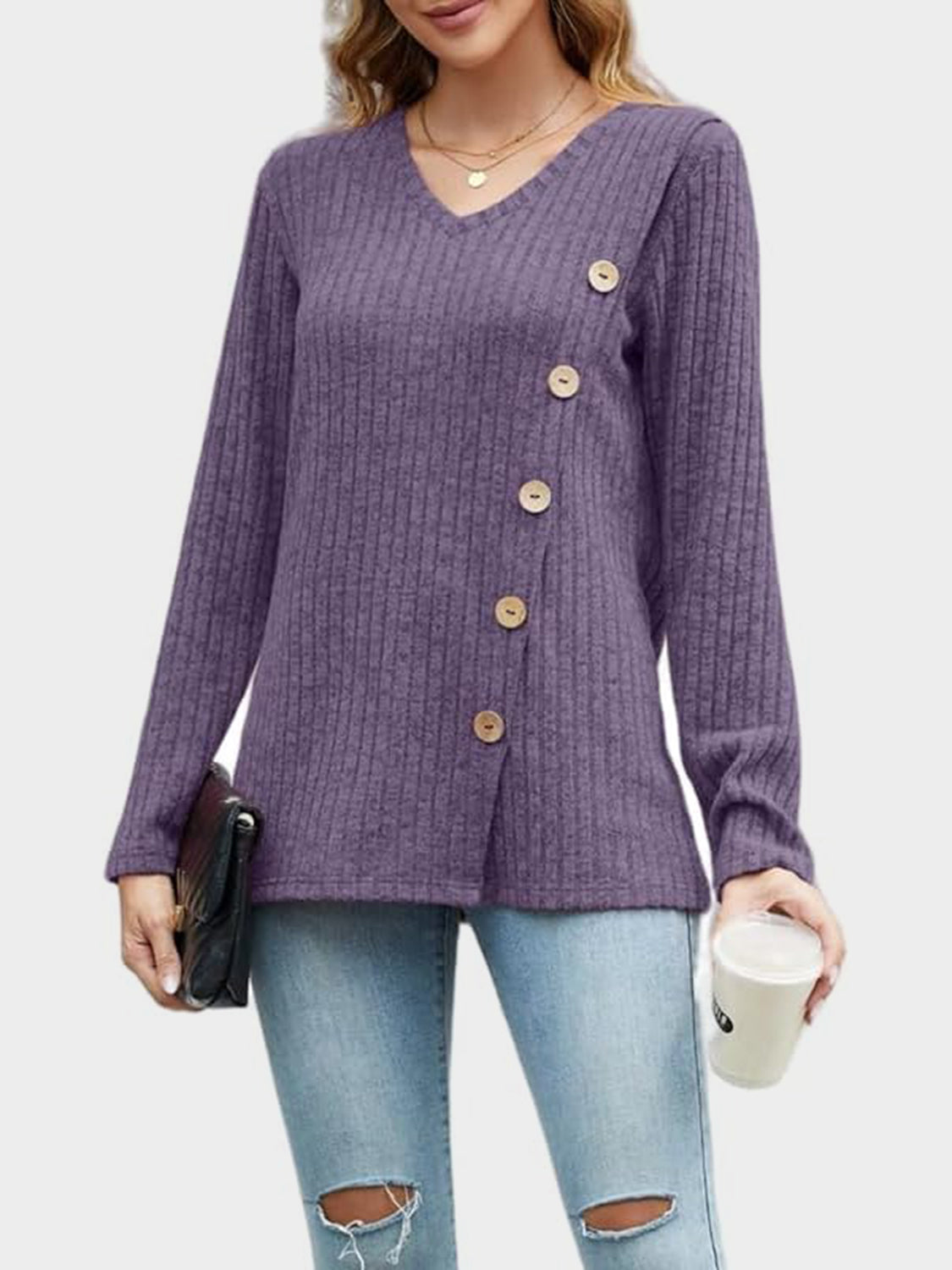 Langärmliges T-Shirt mit V-Ausschnitt