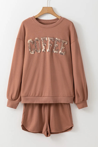 COFFEE Set aus langärmligem Top und Shorts mit Pailletten und Rundhalsausschnitt