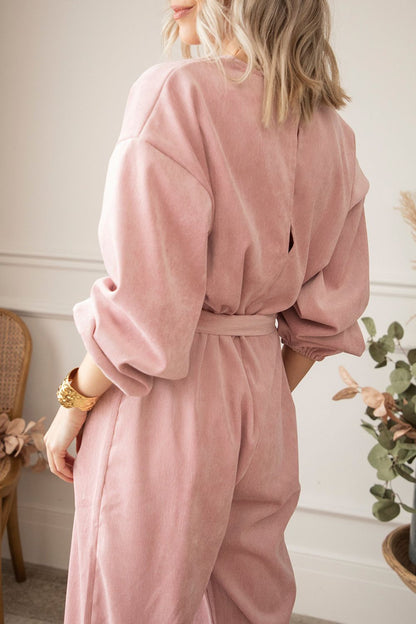 Jumpsuit mit V-Ausschnitt, Ballonärmeln und weitem Bein