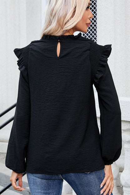 Bluse mit Stehkragen, Rüschen und Ballonärmeln